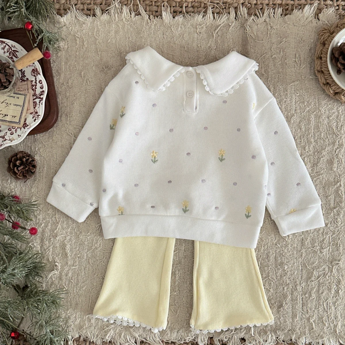 1-3 Years Toddler Girl 2Pcs Outfit Pink Pearl Peter Pan Collar Sweatshirt + Fringe Flare Pants Set Floral Embroidery