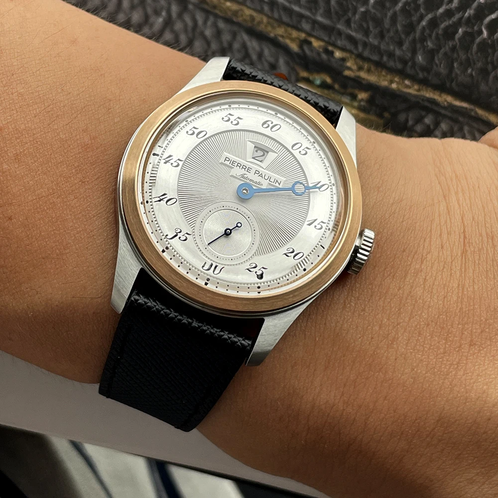 بيير بولين القفز ساعة الرجال ساعة البرونزية الحافة سمك السلمون الهاتفي التلقائي St1721 ساعة ميكانيكية خمر نافذة التاريخ 38 مللي متر الموضة
