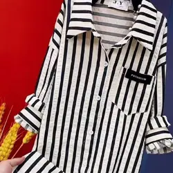 Minimalist Commuting Blouse Spring Autumn New Women's Long Sleeve Polo-Neck Button Pockets Fashion Loose Striped Midi Shirt Tops