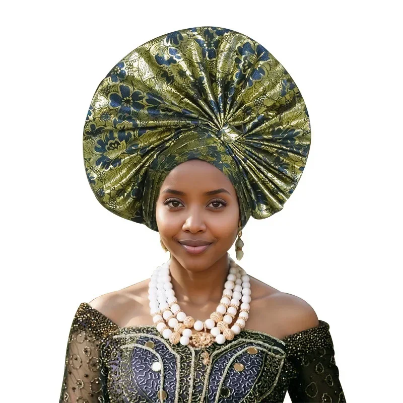 

High Quality Latest Nigerian Wedding Women Auto Gele Turban already Made to Hand Folding Fan Laminated African Headtie Cap Party