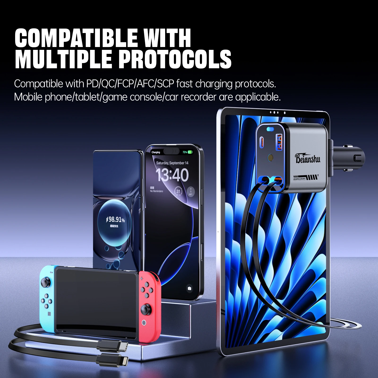 شاحن سيارة قابل للسحب مع محول شاحن سيارة Starlight Type-C 120 وات 4 في 1 شاحن هاتف للسيارة مع منفذي USB