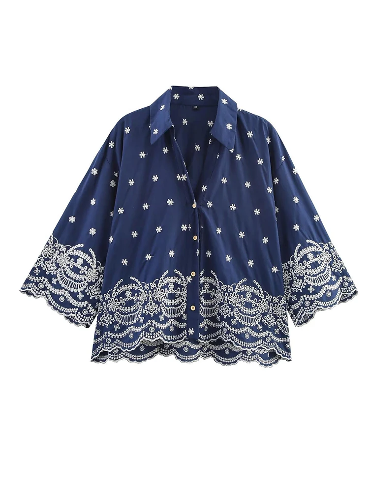 

Summer Floral Embroidery Loose Shirts Women Turn-down Collar Single Breasted Tops Blouses