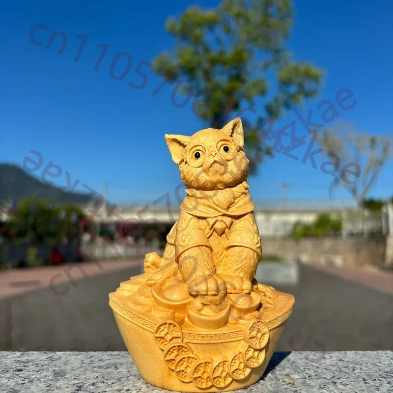 Hand-Carved Hinoki Wood Cat Figurine - 5.9