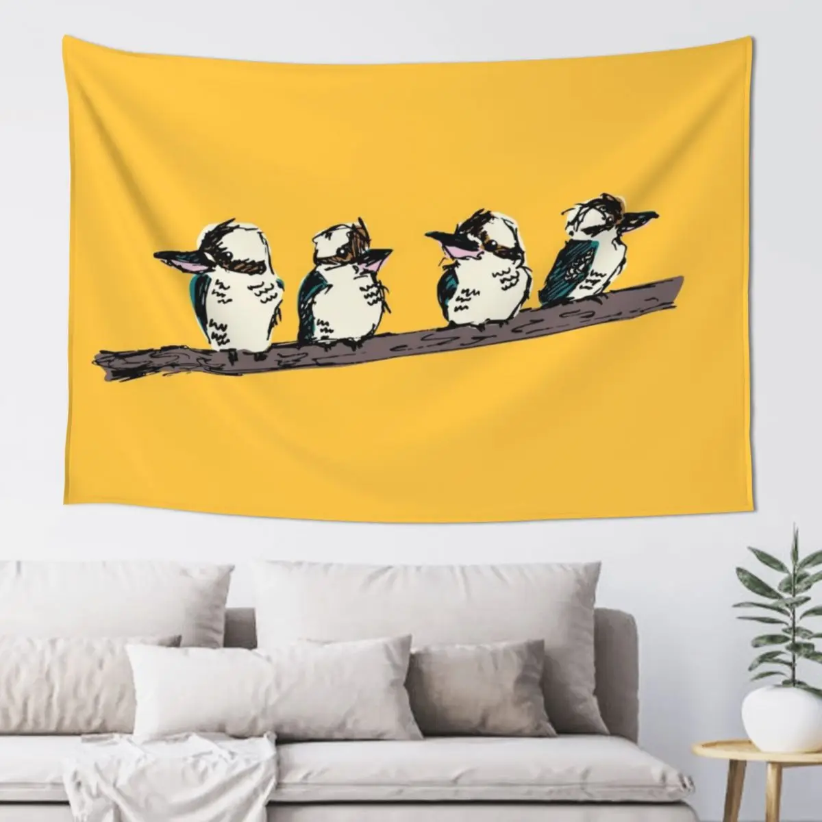 

Group of 4 kookaburras on a branch - yellow Tapestry Korean Room Decor Cute Decor Home Decor Aesthetic Tapestry