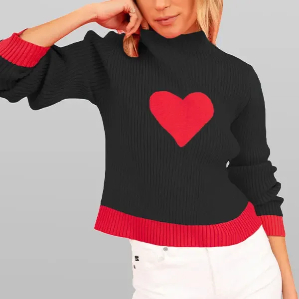 Spell Color Short Turtleneck Sweater for Autumn and Winter, Women's New Fashion Heart-patterned Patchwork Pullover Sweater Top