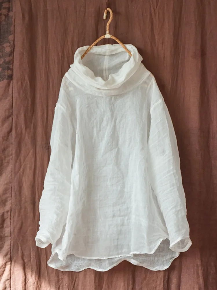 قميص فني بلون نقي من الكتان للنساء، فضفاض ومقاوم للشيخوخة، طبقة أساسية بأكمام طويلة وياقة دائرية، أسلوب عملي، موضة الخريف #1