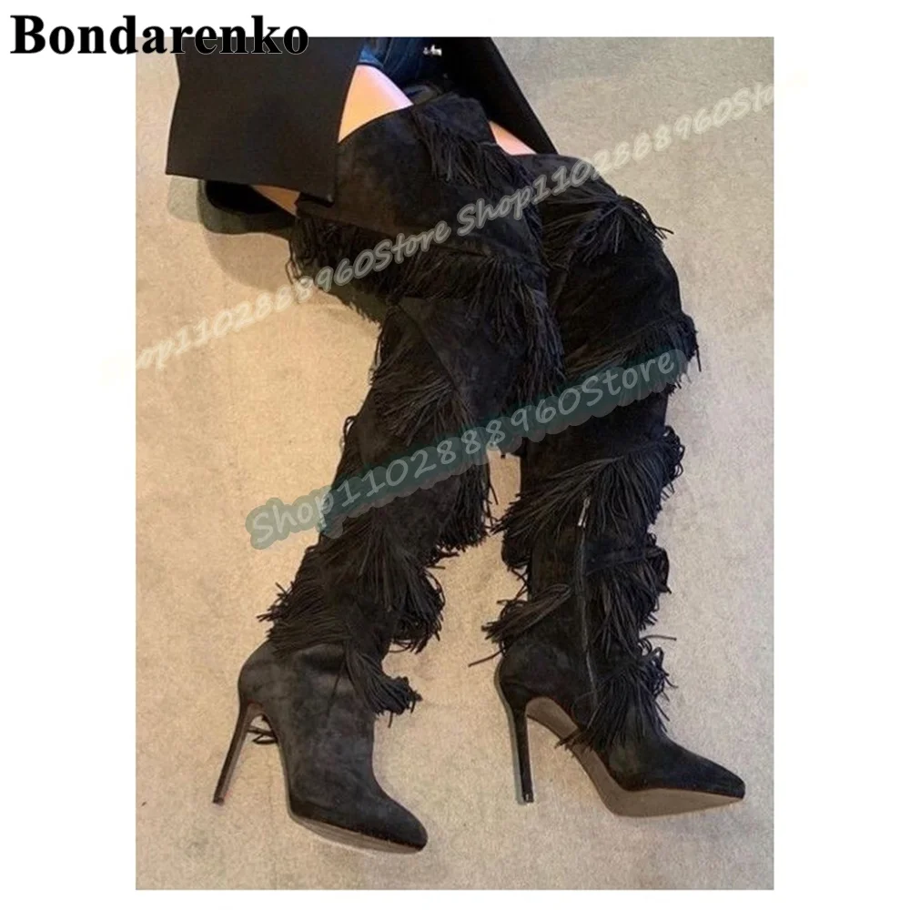 

Thigh High Black Flock Tassels Pointy Boots Thin High Heel Women Shoes Side Zipper Pointed Toe Sexy Casual Zapatos Para Mujer