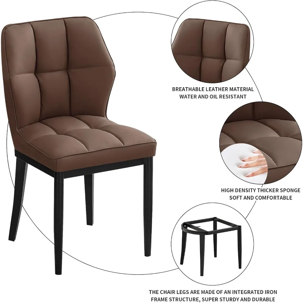 Set of 2 Mid Century Modern Kitchen Chairs, Upholstered Armless Dining Chairs, Leather Dining Room Chairs with Plaid Back