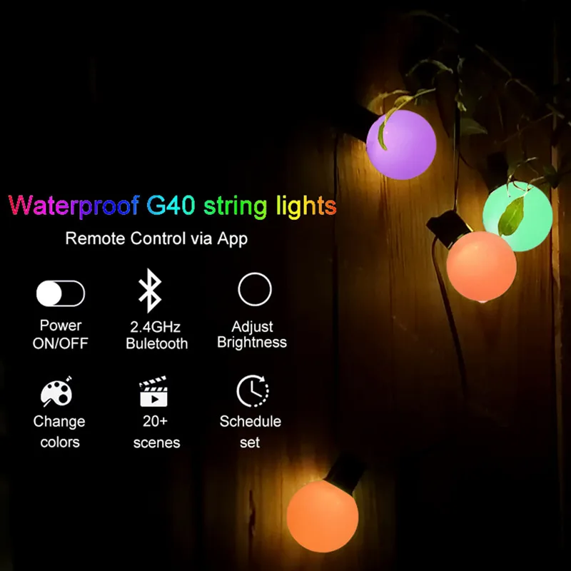 LED G40 Globe Bulb String Lights Outdoor RGB Smart Bluetooth APP Music Fairy Garland Christmas Wedding Garden Decoration Light