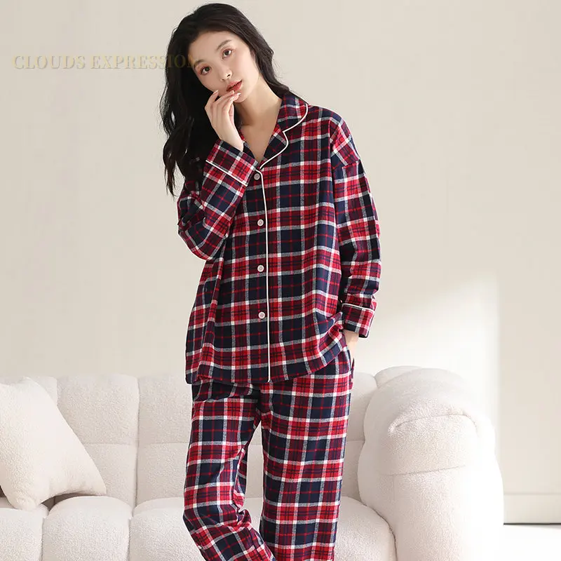 Spring Cotton Elegant Women Pajama Sets Female Pyjamas Lapel Young Lady Sleepwear Femme Loungewear Pijama Mujer Home Nightwear