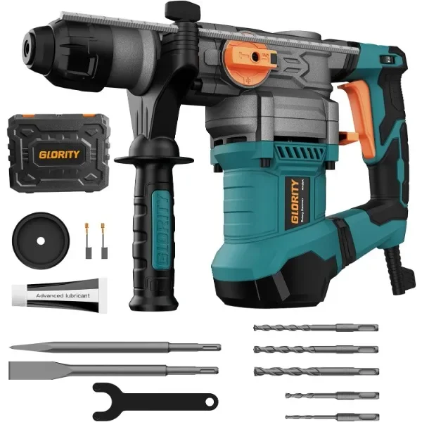 1-1/4 Inch SDS-Plus 13 Amp Heavy Duty Rotary Hammer Drill with Safety Clutch 4 Functions and Variable Speed, Including Chisels