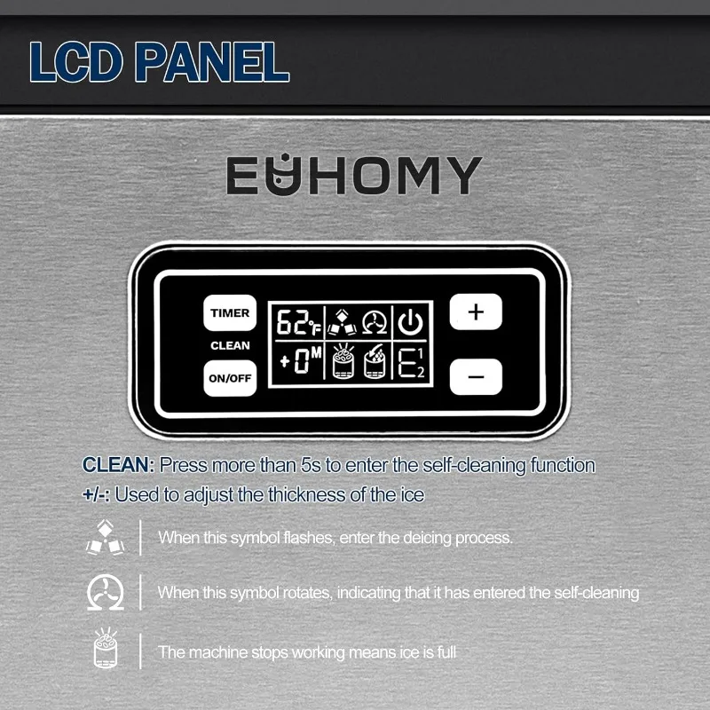 EUHOMY-Máquina De Gelo Comercial, Sob Máquina De Gelo Contador, 33lbs Capacidade De Armazenamento De Gelo, 100lbs/24H Aço Inoxidável