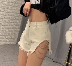 2024 New Women Sexy Blue Streetwear High-waist Lace-up Fringed Denim Shorts Hem Ripped Short Jeans Skinny Summer Women's Shorts