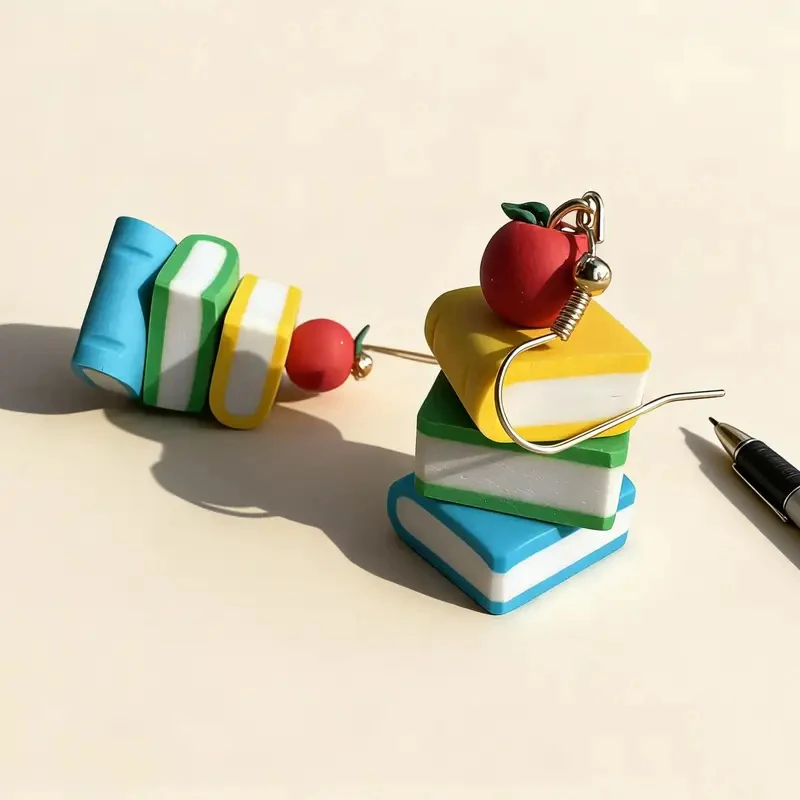Handmade Polymer Clay Book Stack Earrings with Teacher Appreciation Gift, Cute Book Lover Jewelry, Whimsical Colorful Dangle Ear