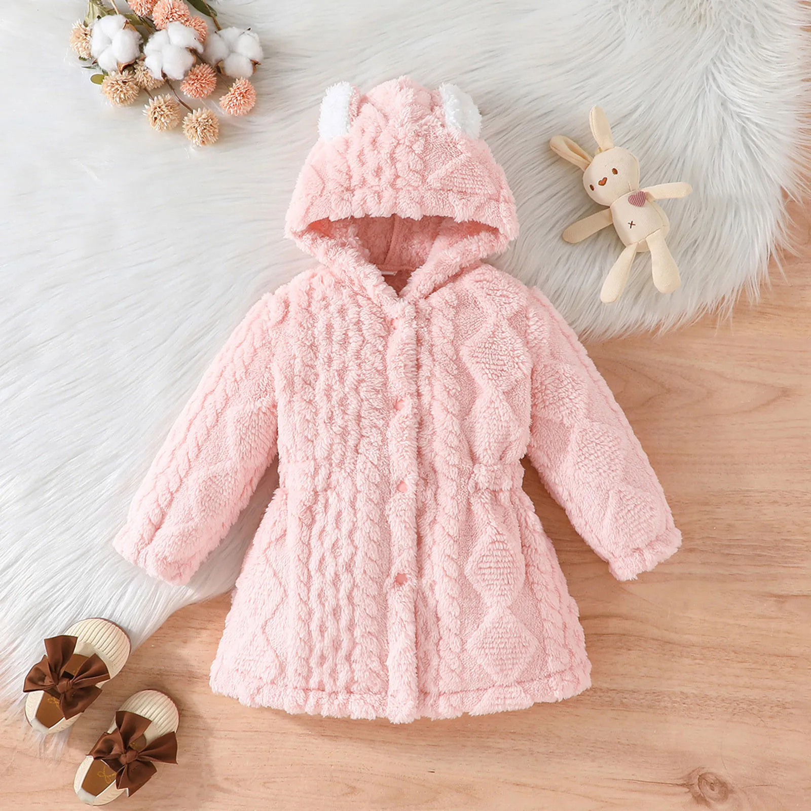 Kids Girls Cardigan Jacket Autumn Winter Argyle Textured Pattern Hooded Irregular Hem Buttons Fleece Oversized Outerwear Coat