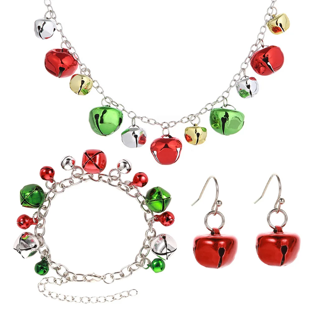 

1Set Christmas Jewelry Set Bell Design Necklace Colorful Brace Lace Lightweight Party Travel Daily Wear Christmas Earrings Bell