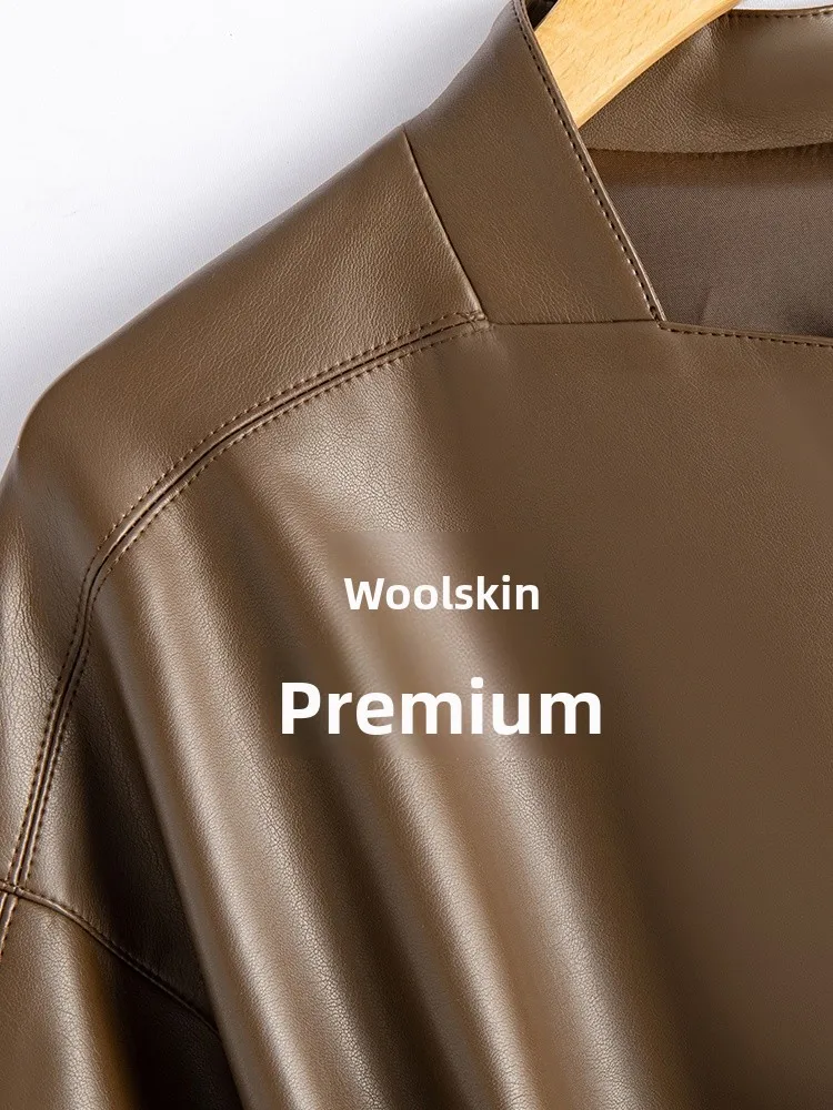 여성용 가죽 자켓 루즈한 허리 디자인 한국 스타일 봄 가을 신상품 정품 양가죽 코트 긴 소매 지퍼