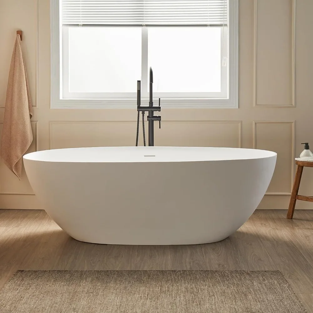 

59" Stone Resin Freestanding Bath - Elegant Oval Soak Tub, Solid Surface, Drain & Slotted Overflow, Matte White