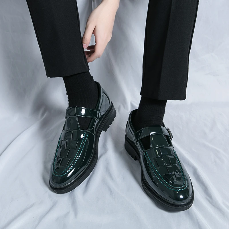 Chaussures d'été en haricots tissés pour hommes, sandales d'affaires britanniques décontractées, Version coréenne, ajourées, en cuir verni, avec trou de boucle