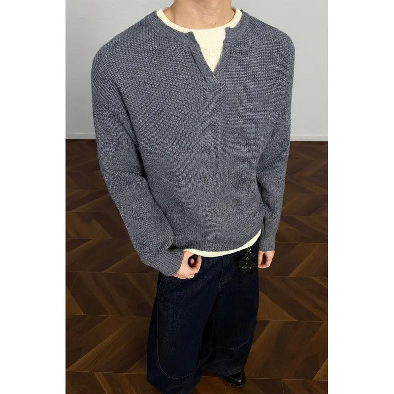 

Warm American Sle V-Ne Knitted Sweater for Men Loose Fit Autumn Winter Casual Faion Simple Design Polyester Inner