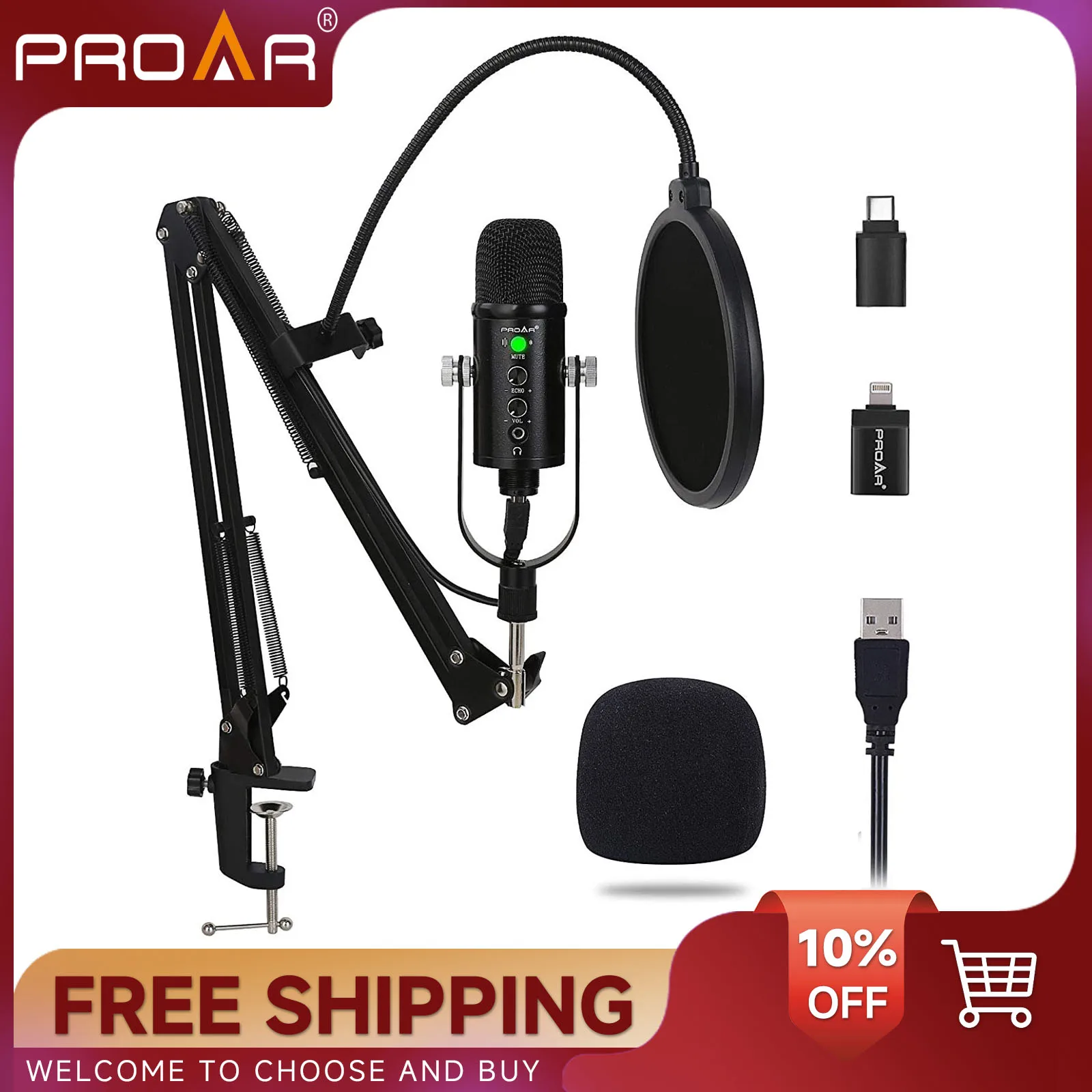 

USB Condenser Microphone Computer PC Gaming Podcast Streaming Recording Vocals Cardioid Studio Mic with Pop Filter for YouTube