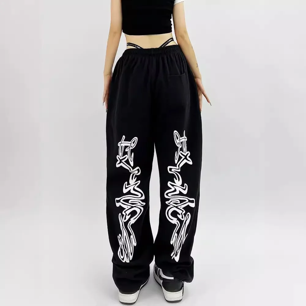 

American Fashion Retro Design Street Jazz Sports Casual Pants Loose Print Ankle Binding Pants Female Clothing