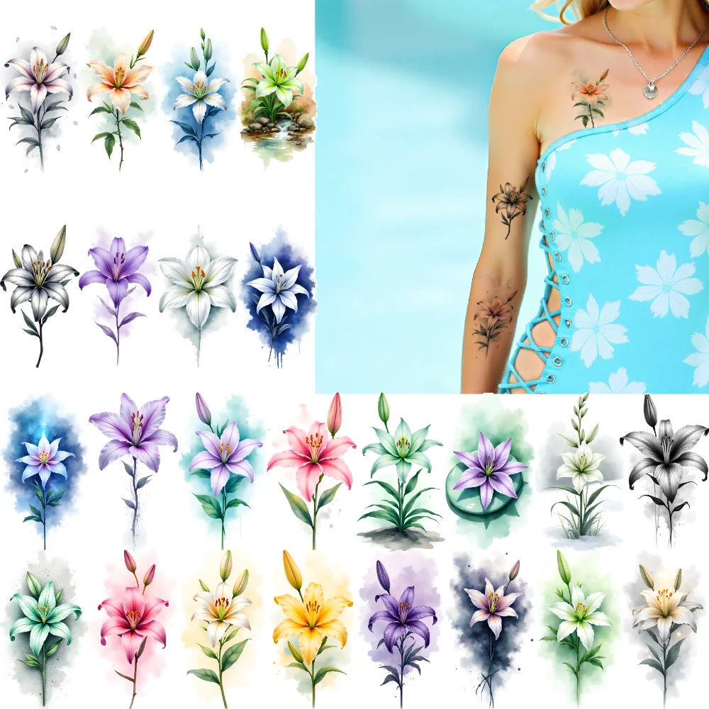 

9 шт. временные татуировки акварельные лилии водостойкие долговечные наклейки для тела цветочные иллюстрации временные татуировки наклейки
