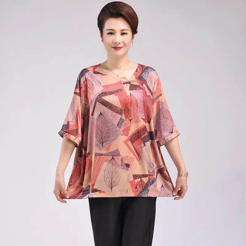 Women Summer Fashion Loose Large Size Silk Printing O-neck Short Sleeve Shirts Women Clothes Simplicity Fashionable Top Tee