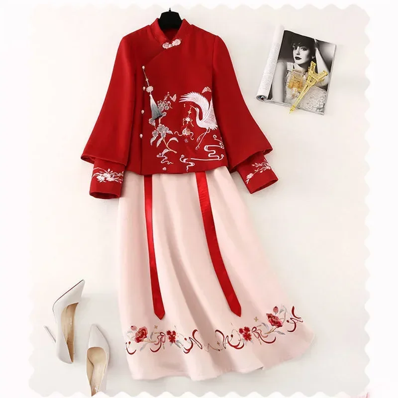 Manteau en laine Cheongsam Hanfu pour femme, broderie de style chinois, mince, grande taille, rouge, jupe, costume, printemps