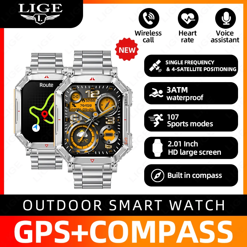 

LIGE 2025 GPS Спорт на открытом воздухе Фитнес-трек Светодиодный фонарик Смарт-часы 3ATM Водонепроницаемый голосовой помощник Bluetooth Call Smartwatch