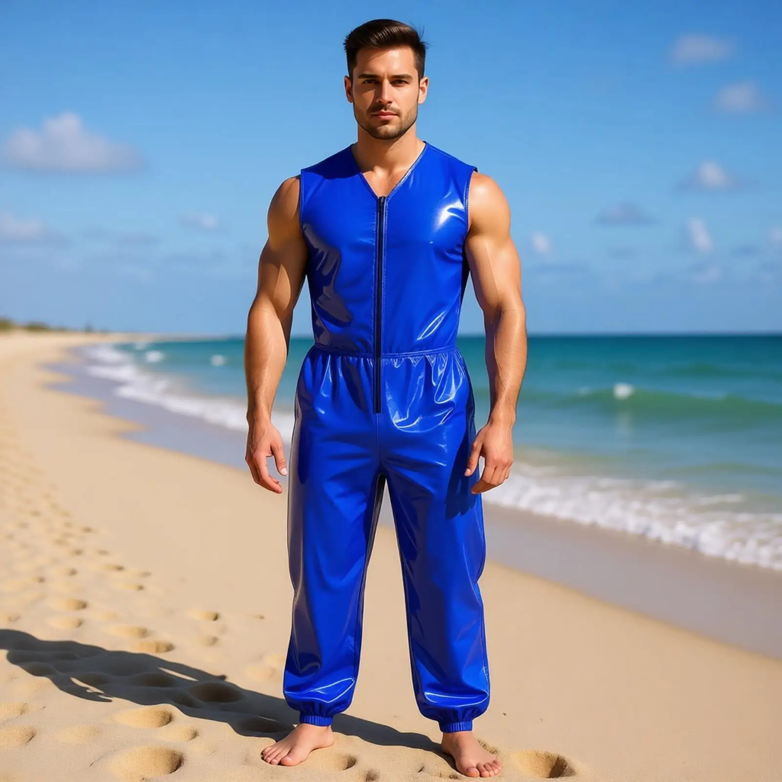 Men Waterproof Jumpsuit Sleeveless Zip Up Bodysuit One-piece Rompers Adaptive Diaper Cover Workshop Jumpsuit Swimwear Swimsuit