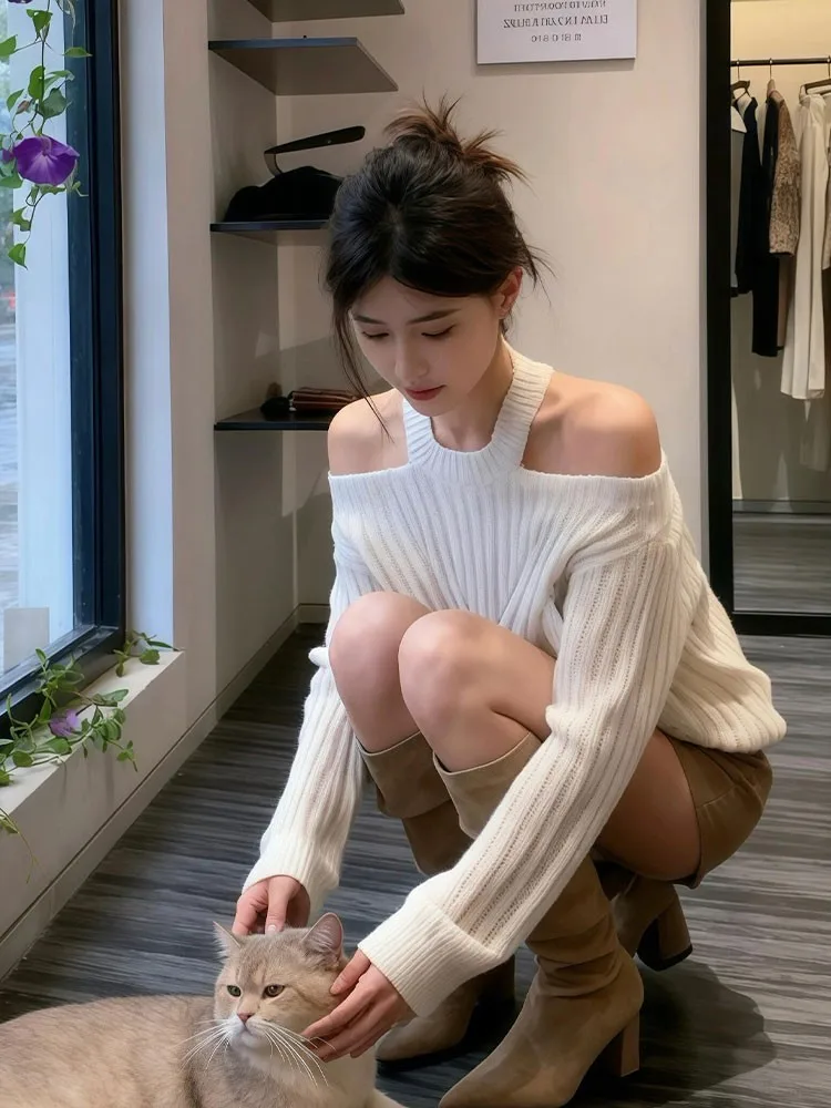 Ele White Off-oulder Knitted Sweater Nelace Women's Set Early Autumn Lazy Sle Polyester Fiber Long Sve Regular Fit