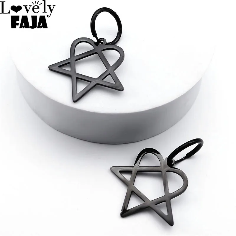 Goth Heartagram Star Dangle Hoop Earring Women Stainless Steel Black Color Rock Music Band HIM Fans Earrings Jewelry E2613S03