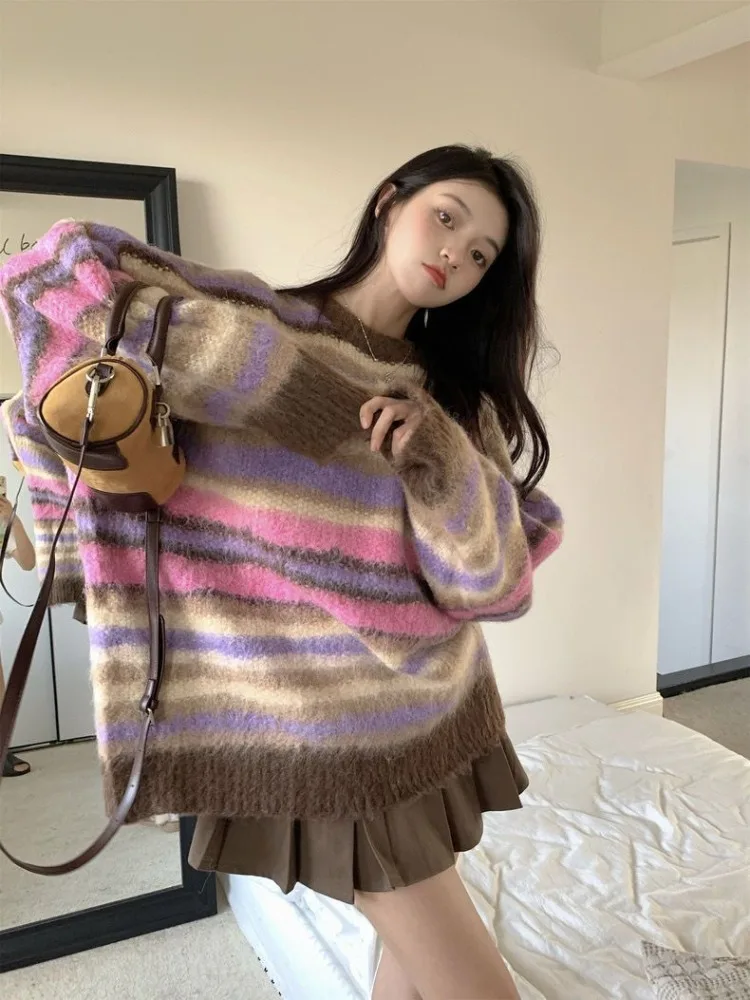 Deeptown Vintage Rainbow Striped Sweater Women Y2K Korean Style Oversize Pullover Knitted Tops Jerseys Egirl Kpop Casual Jumper