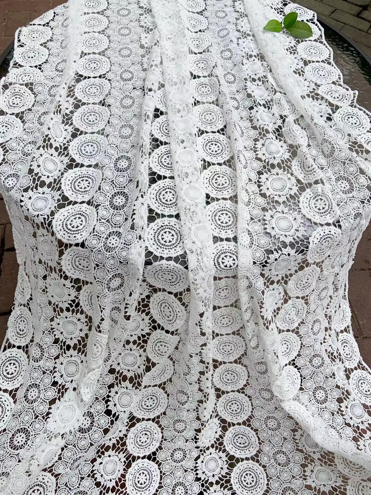 Off White Guipure Cotton Lace Fabric with Vintage Round Retro Circles Eyelet for Wedding Tablecloth,Bridal Dress Accessories