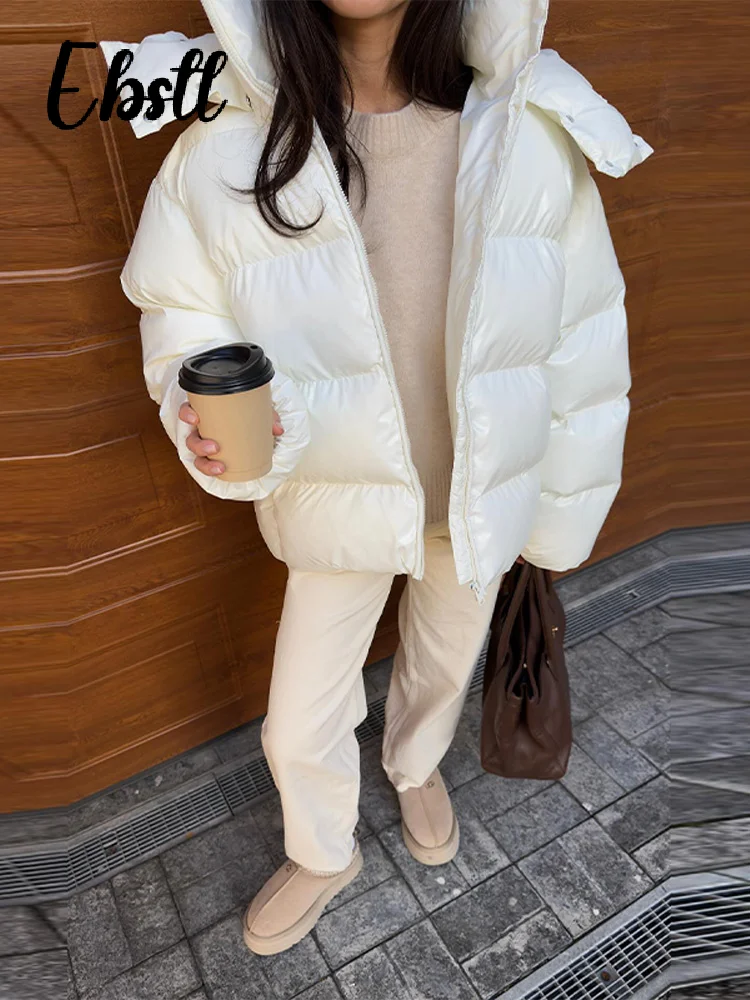 معطف قطني لامع بقلنسوة لامع من High Street للنساء بياقة واقفة وسحاب فضفاض وأكمام طويلة سترة مبطنة لشتاء 2025 ملابس خارجية جديدة