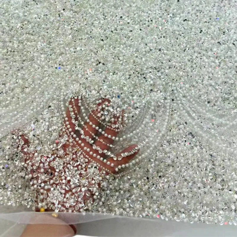

Latest Solid Color Heavy Beaded Embroidered Lace Fabric French Luxury Design High Quality Tulle Mesh Material for Dress Sewing