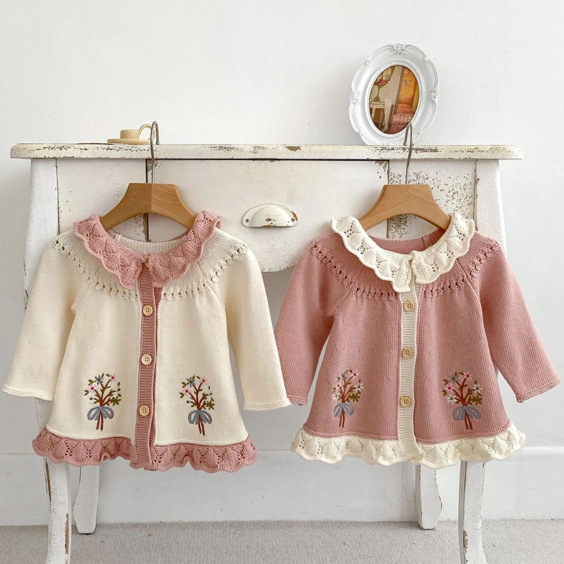 Autumn Spring Newborn Baby Girls Sweater Coat Long Sleeved Knitted Floral Embroidery Toddler Baby Girl Knitting Cardigan