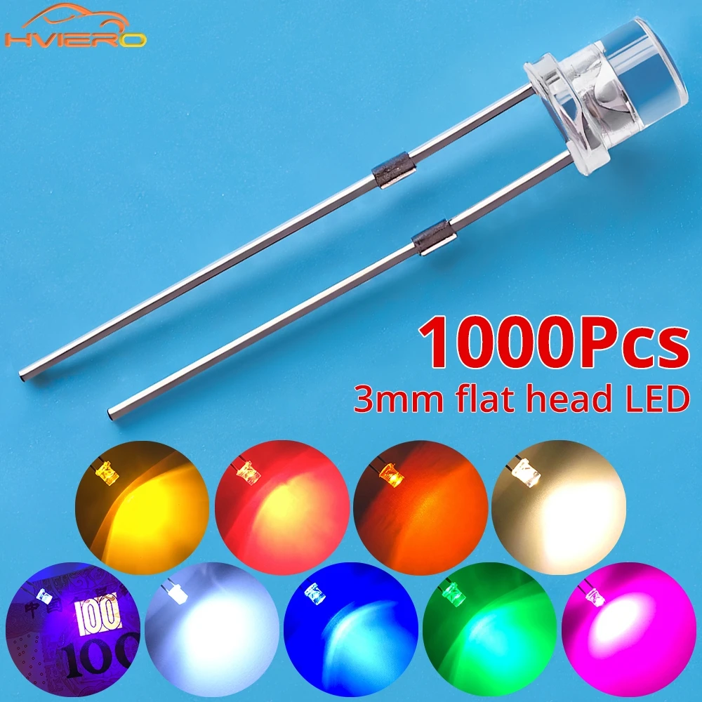 1000pcs LED F3 3mm Ultra Bright Flat Top Head White Red Blue Orange UV Pink Diode Bulb Wide Angle Light Emitting Lamp Diodes Led