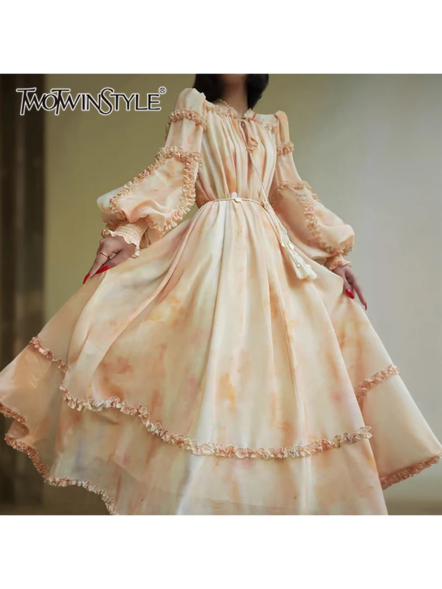 

TWOTWINSTYLE Hit Color Spliced Lace Up Loose Dresses For Women O Neck Long Sleeve High Waist Temperamnet Loose Dress Female New