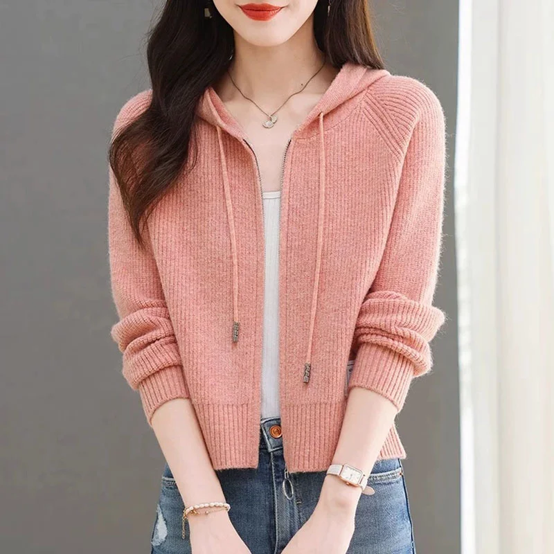 Non-Ball ort Damen-Cardigan mit offener Strickwaren, lässig, lockere Passform, lange Sve-Kapuze, Jaet-Herbst-Oberbekleidungsmantel