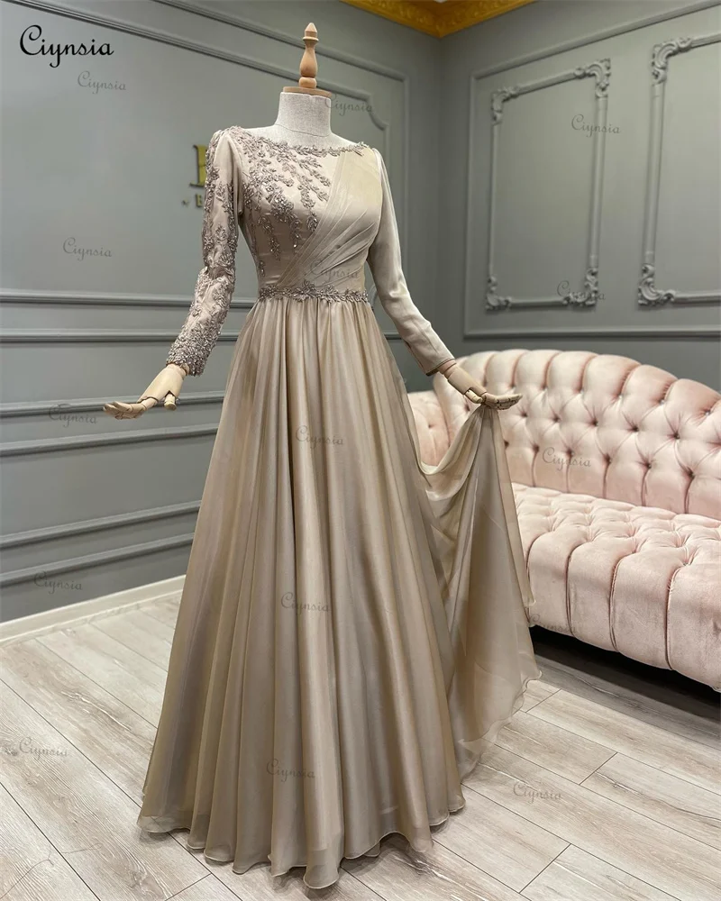 Ciynsia Champagne Long Sleeve Muslim Formal Dress Hijab Evening Party Gowns Scoop Appliques A Line Chiffon Prom Dresses Caftan