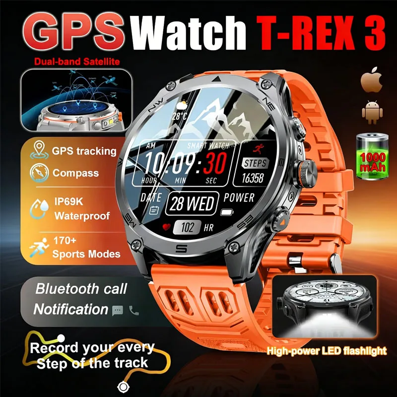 

New Hot Sell T-Rex 3 GPS Smart Watch 1000mAh Battery 170+Sport Modes IP69K Waterproof Compass Military Grade Smartwatches gift