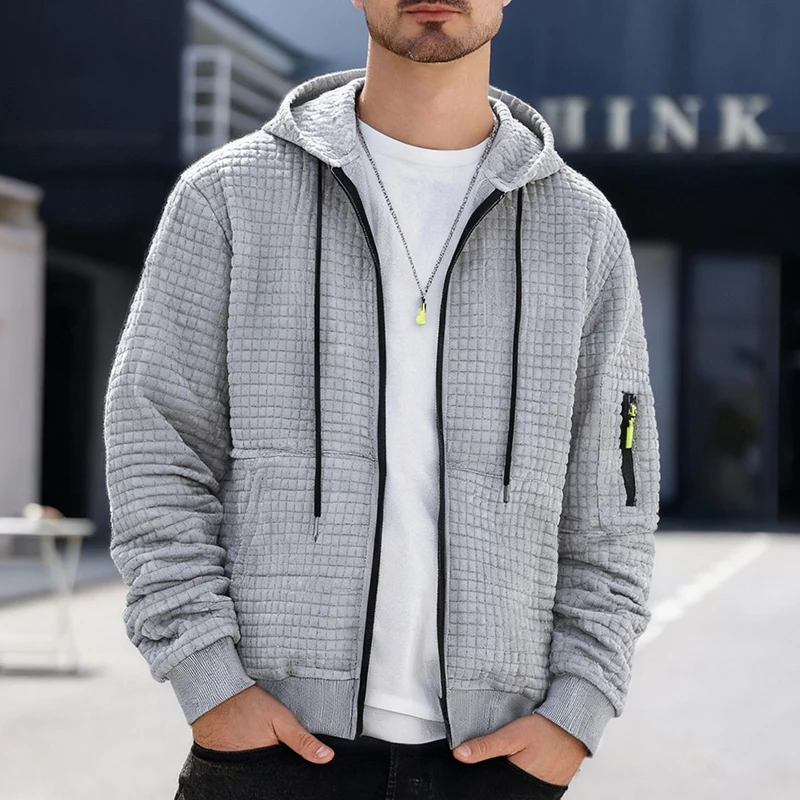 Men's Waffle Checkered Sports Zip Up Jacket with Kangaroo Pocket Autumn Winter Warm Hooded Sweatshirt Coat with Zipper Pocket