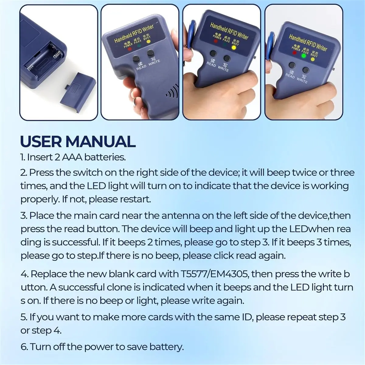 A24I 125KHz RFID Copier - Handheld ID Card Writer with 6 Key Fobs & 6 Blank Cards,Compatible with T5577 & More