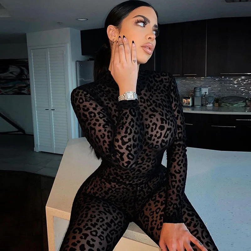 

Black Flocking Leopard See Through Bodycon Jumpsuit Women Long Sleeve Skinny Sheer Party Nightclub Rompers One Piece Overalls