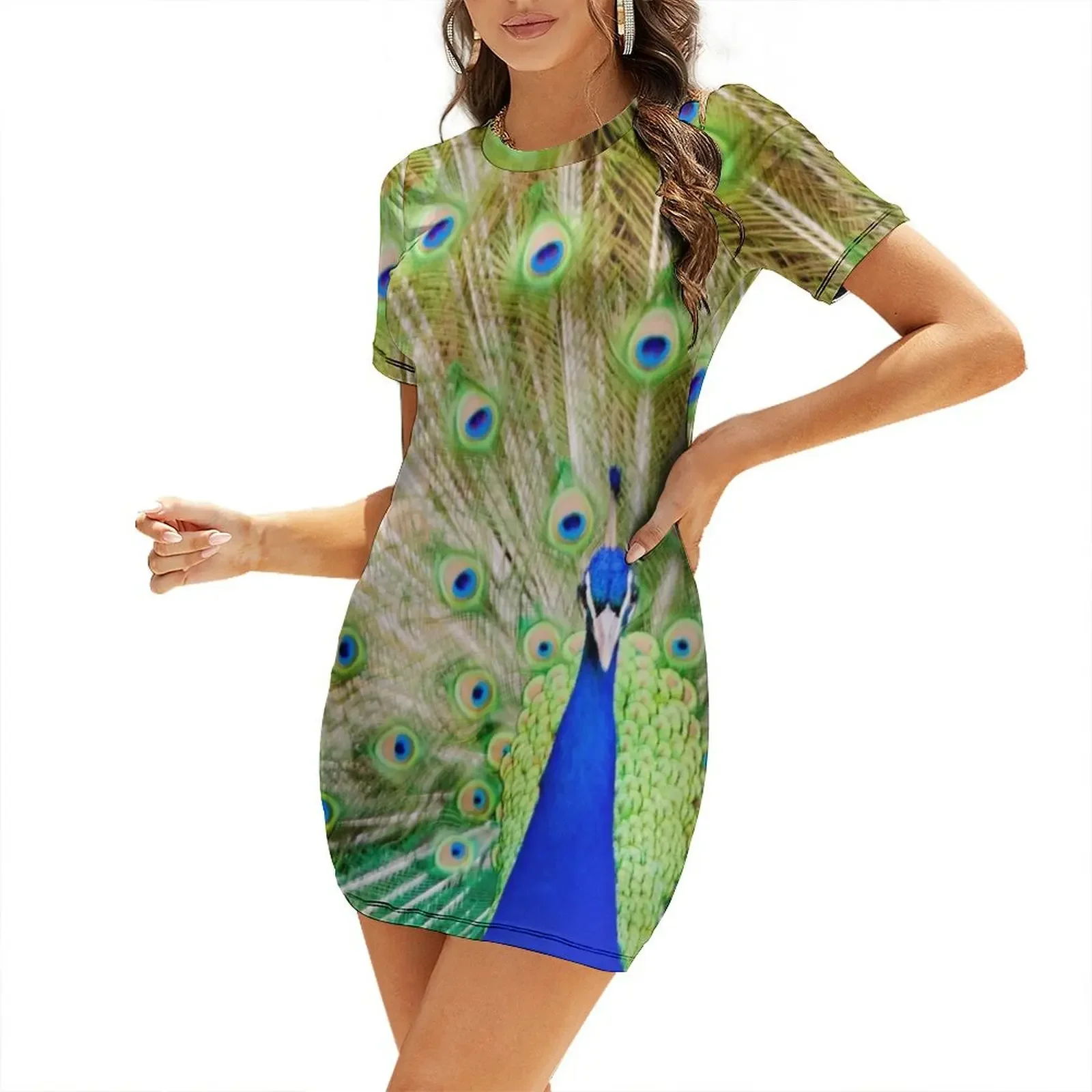 

Peacock Strut in Display Short-Sleeved Dress dress party night elegant evening dresses for women 2026
