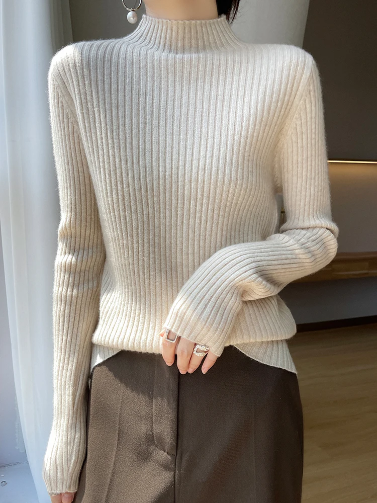 New Knit Womem's Cashmere Sweater Mock Neck Soft Warm Pullover 100% Cashmere Knitwear For Winter Female Casual Basic Clothing