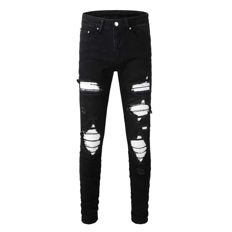 Men's Distressed High Street Stretch  Slim white Ribs Patches Holes Repaired Multiple Destroyed Black Ripped Patchwork Jeans