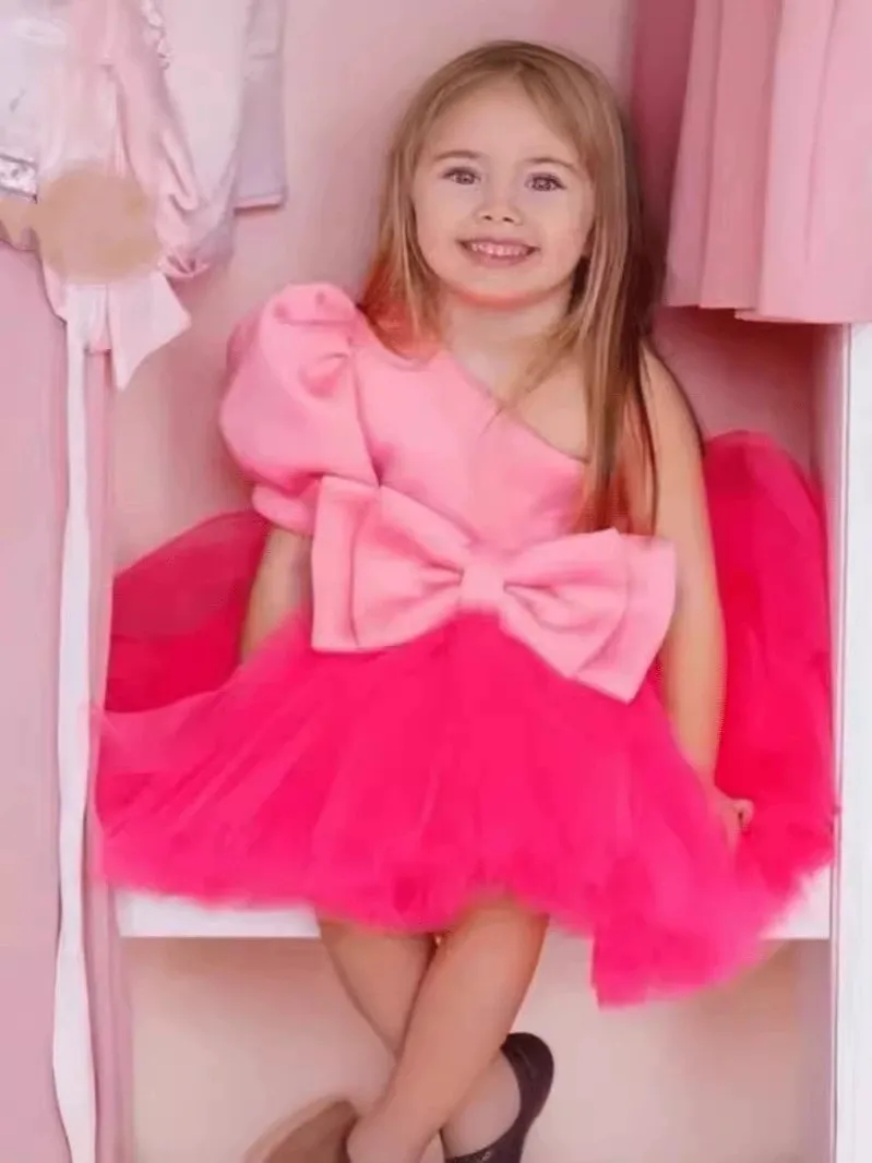 

Платье для девочек на первый день рождения с одним открытым плечом, нарядное платье принцессы с рукавами-фонариками для детей, праздничное платье для церемоний